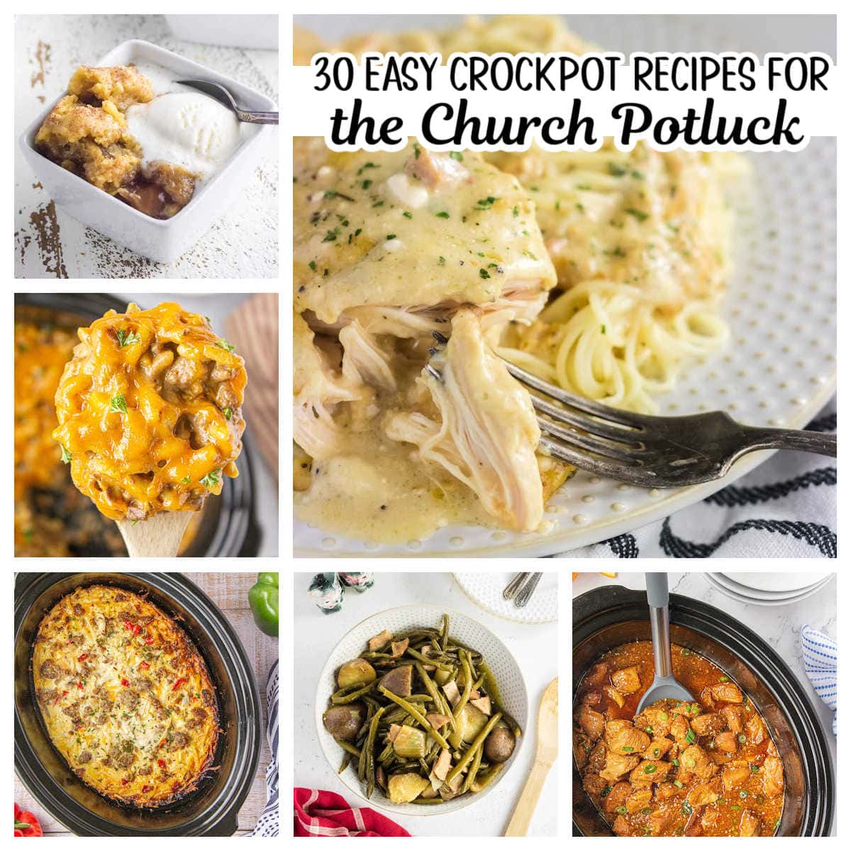 A collage of recipe images from this roundup of potluck recipes with a title text overlay.