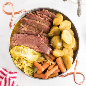 Corned beef, cabbage and vegetables ready to be served.