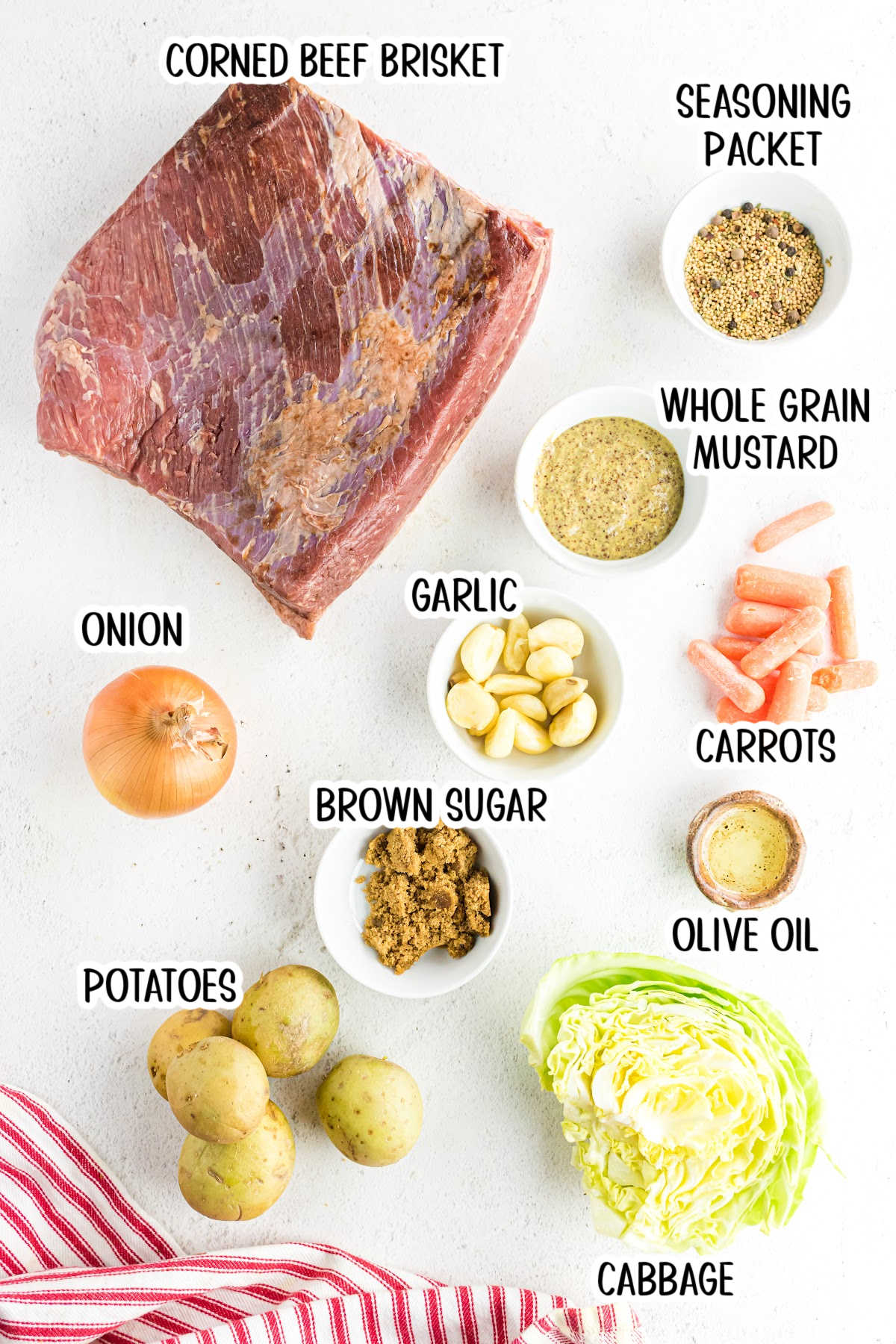 Labeled ingredients for corned beef and cabbage.