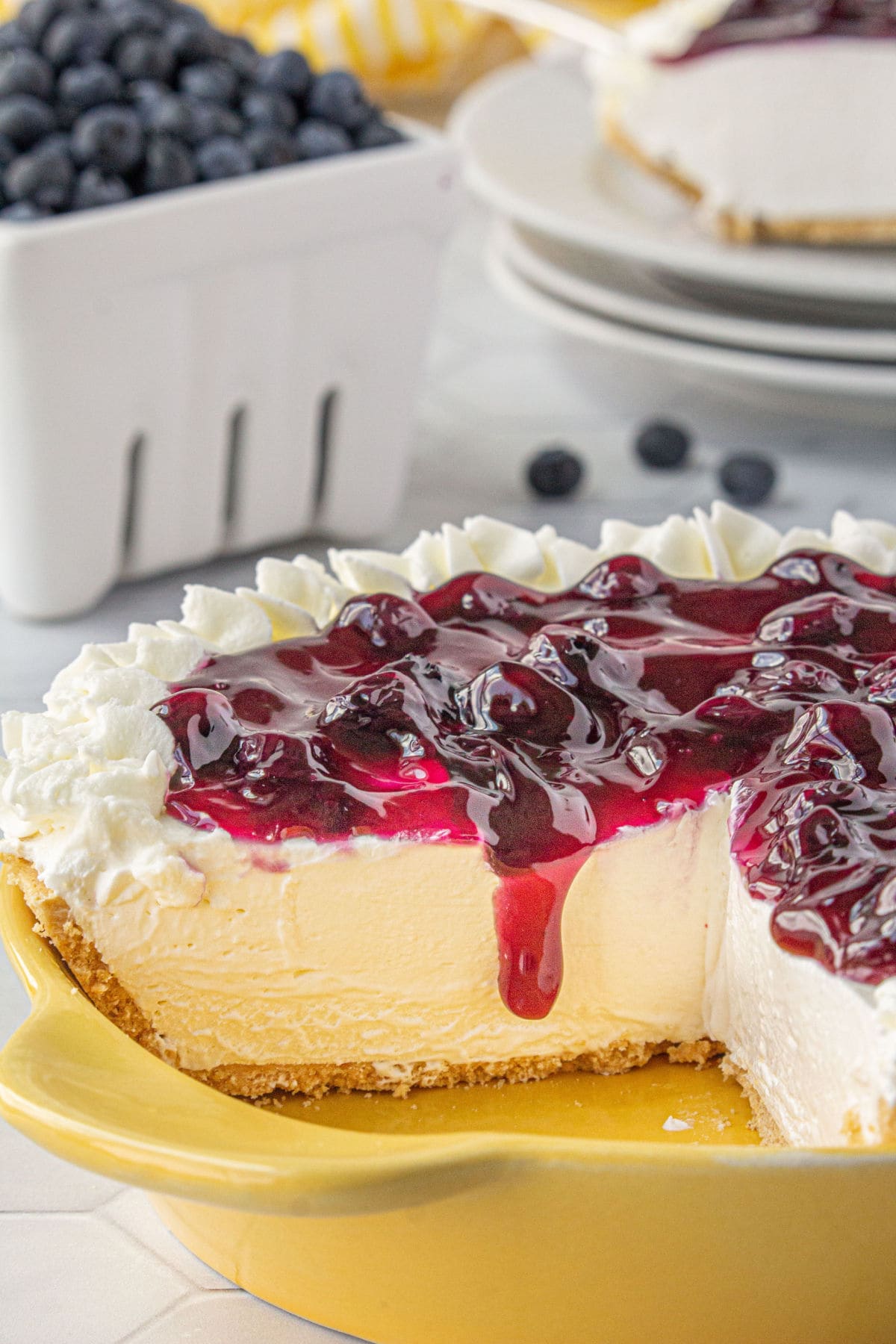 Side view of the pie with a piece removed so you can see the creamy texture.