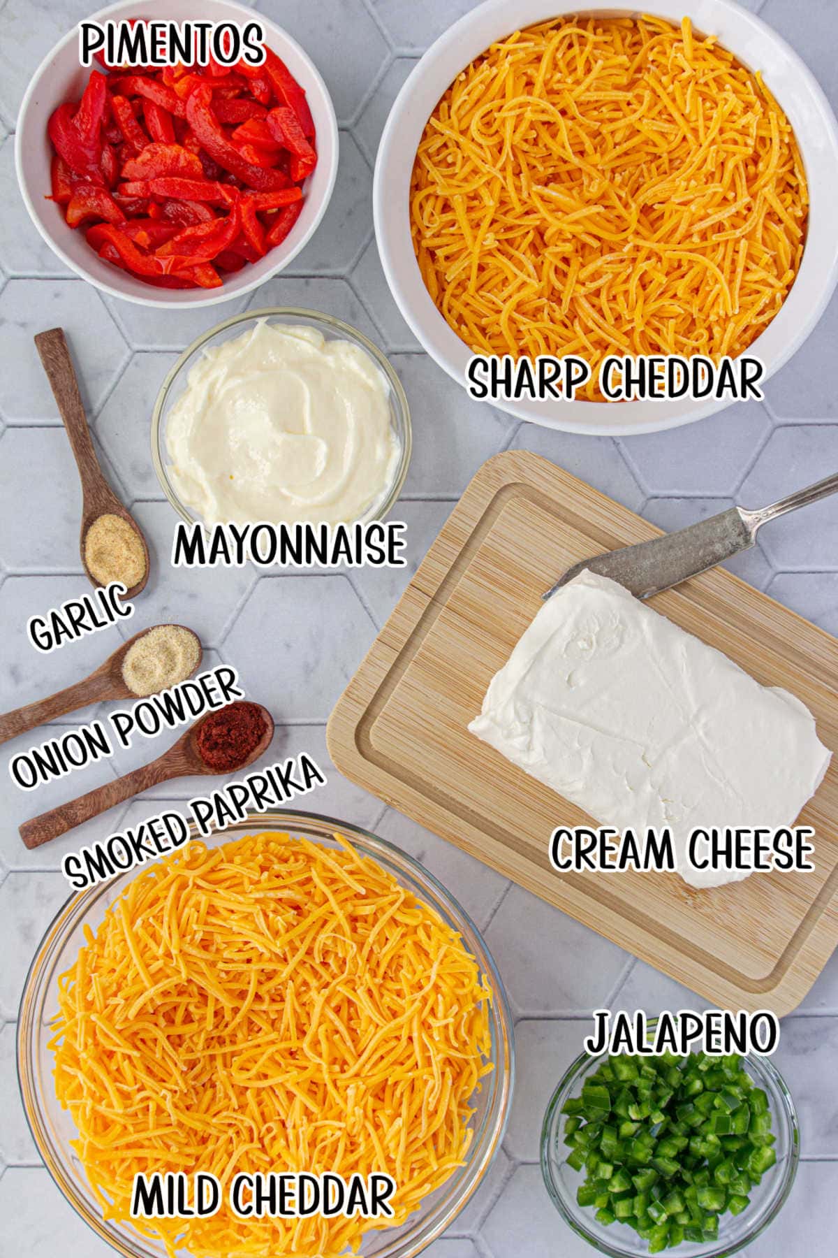 Labeled ingredients for pimento cheese.