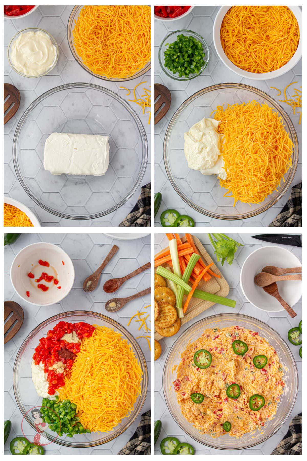 Step by step images showing how to make pimento cheese.