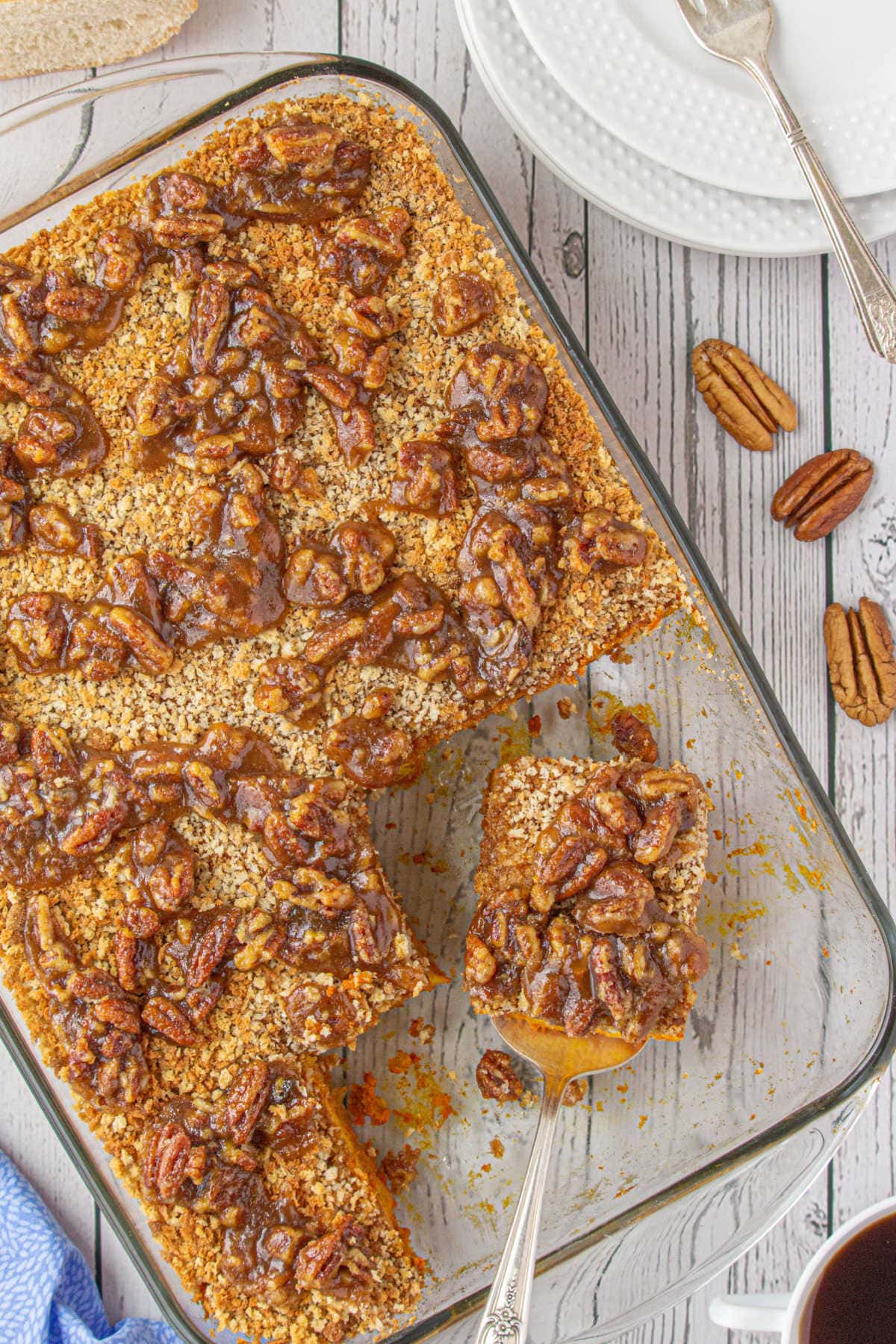 Overhead view of the pudding showing the crispy sweet bread crumb topping.