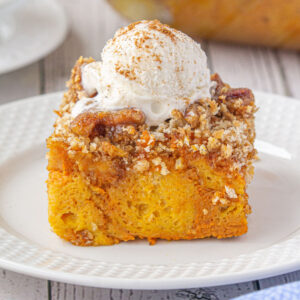 A close up of a square of the bread pudding showing the texture.