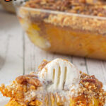 A square of bread pudding with ice cream melting on top and a title text overlay for Pinterest.