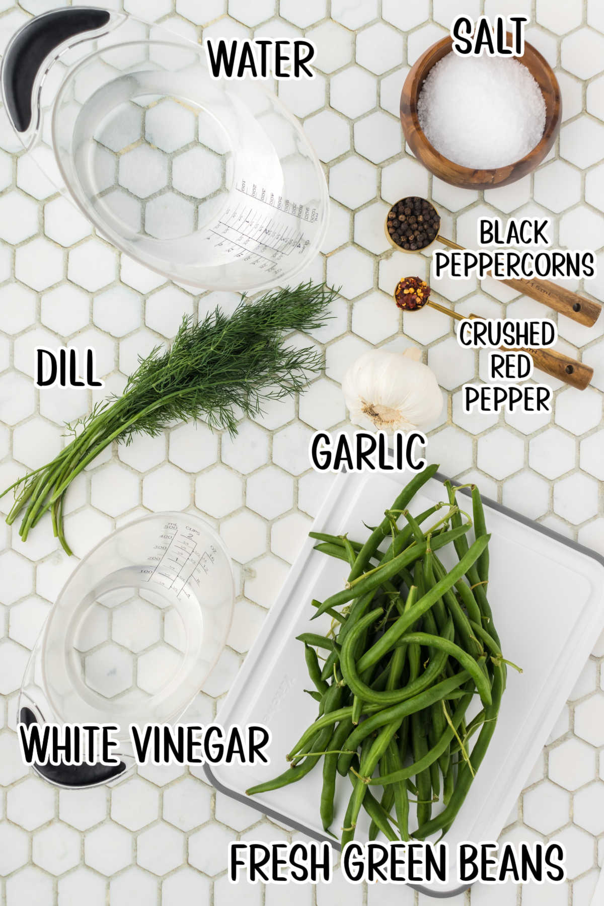 Labeled ingredients for quick pickled green beans.
