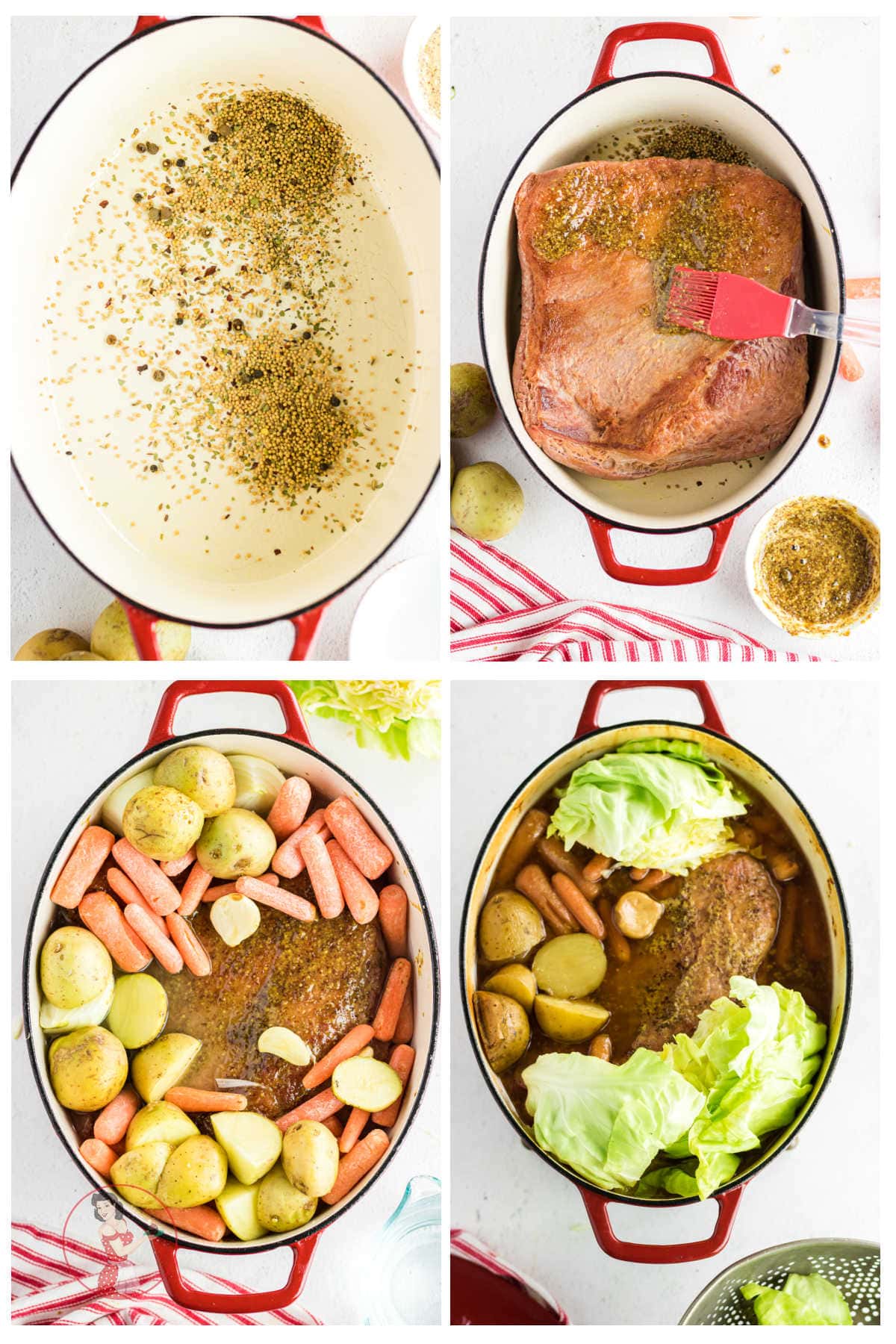 Step by step images showing how to make corned beef and cabbage in the oven.