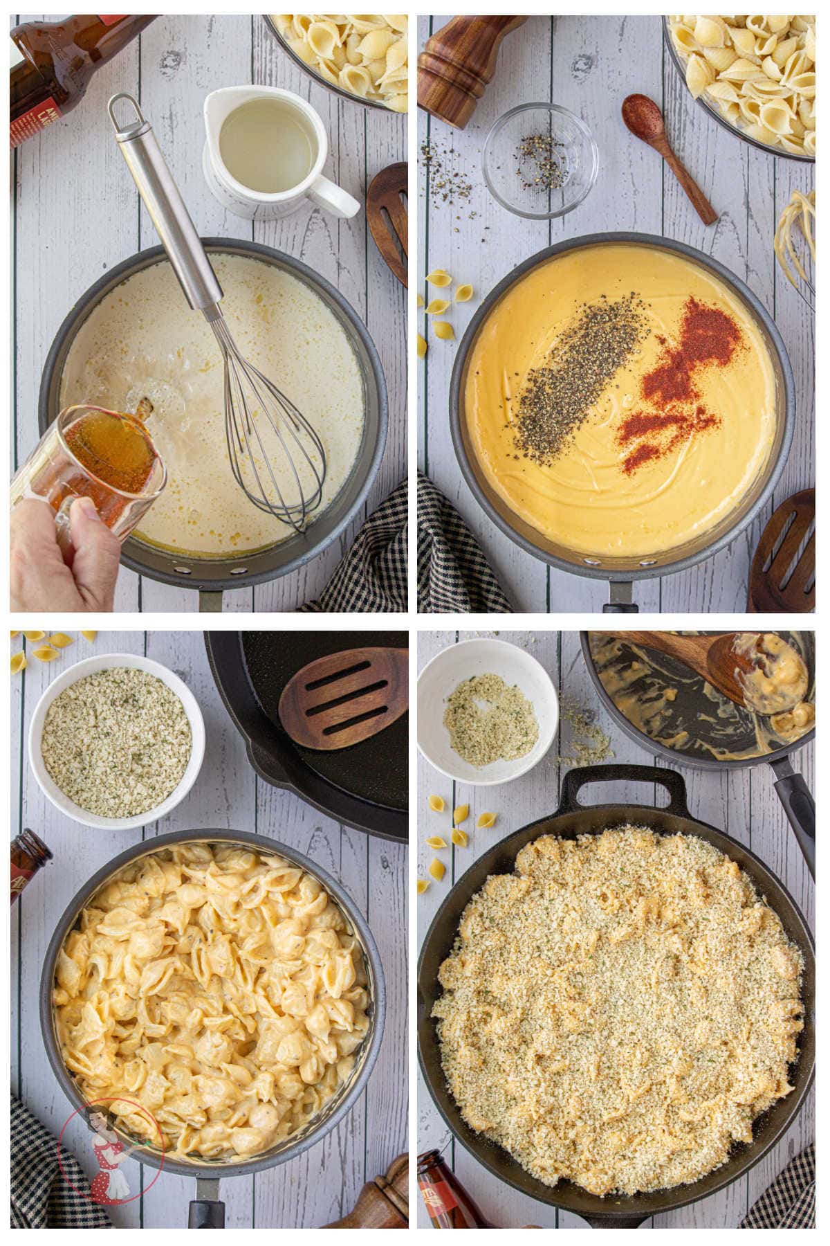 Step by step images showing how to make mac and cheese with beer.