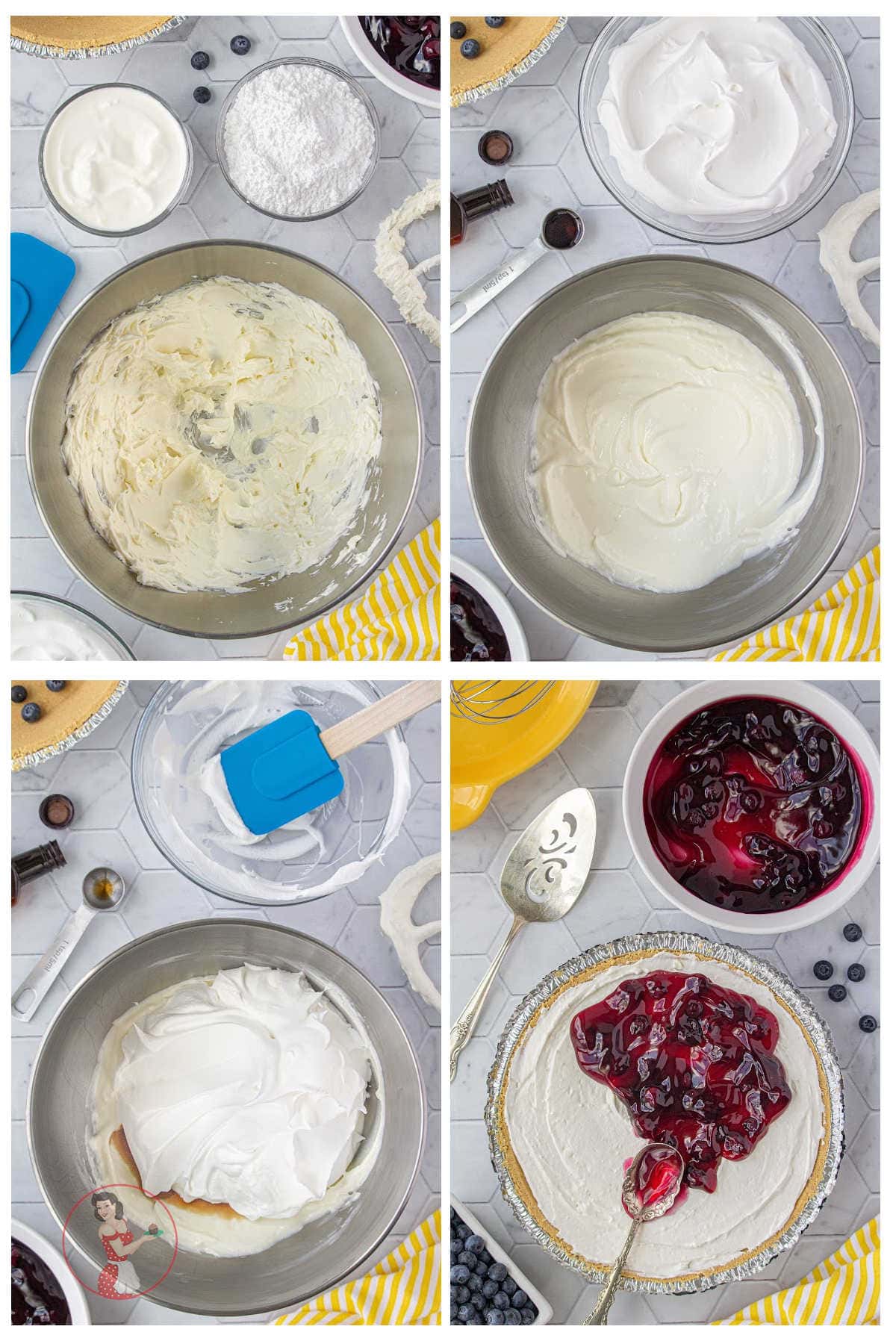 Step by step images showing how to make this no bake cheesecake.
