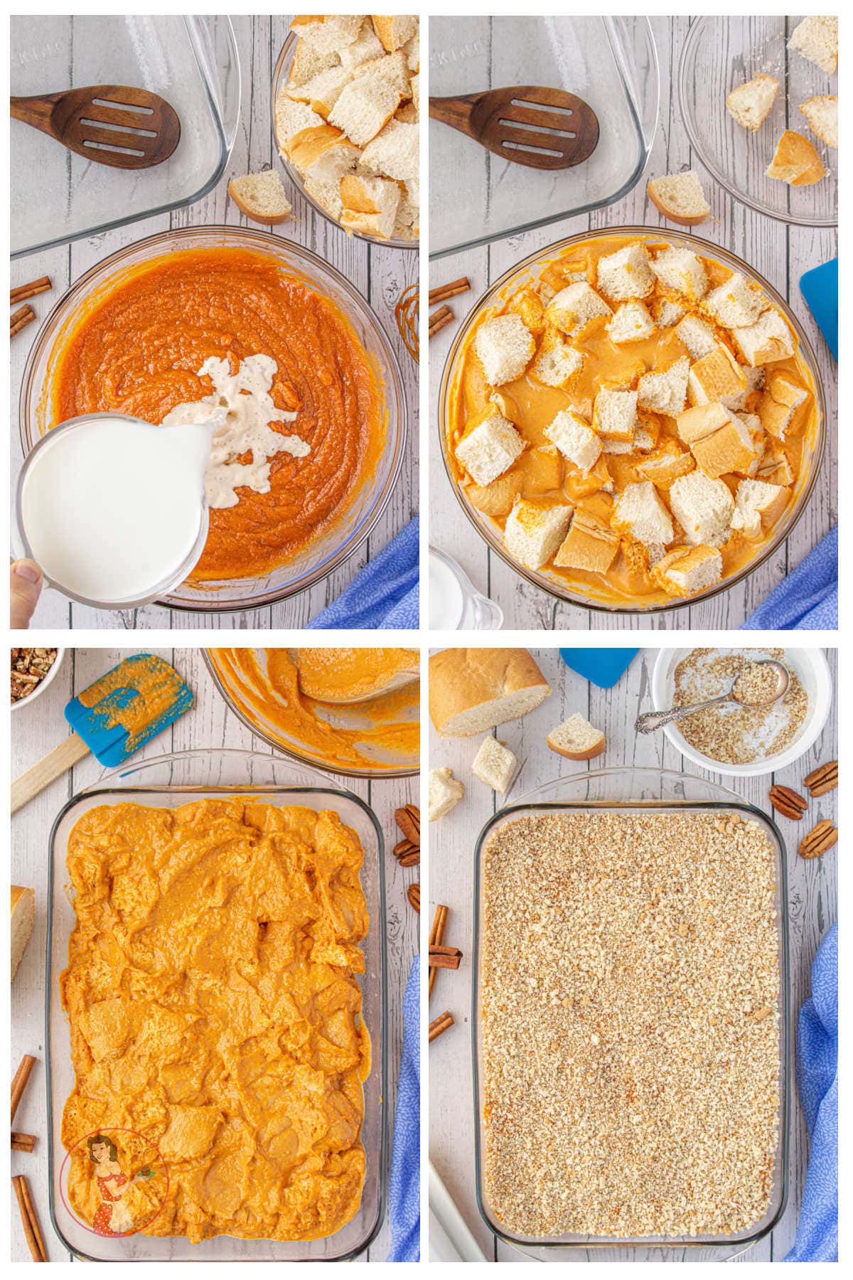 Step by step images showing how to make the pumpkin bread pudding.