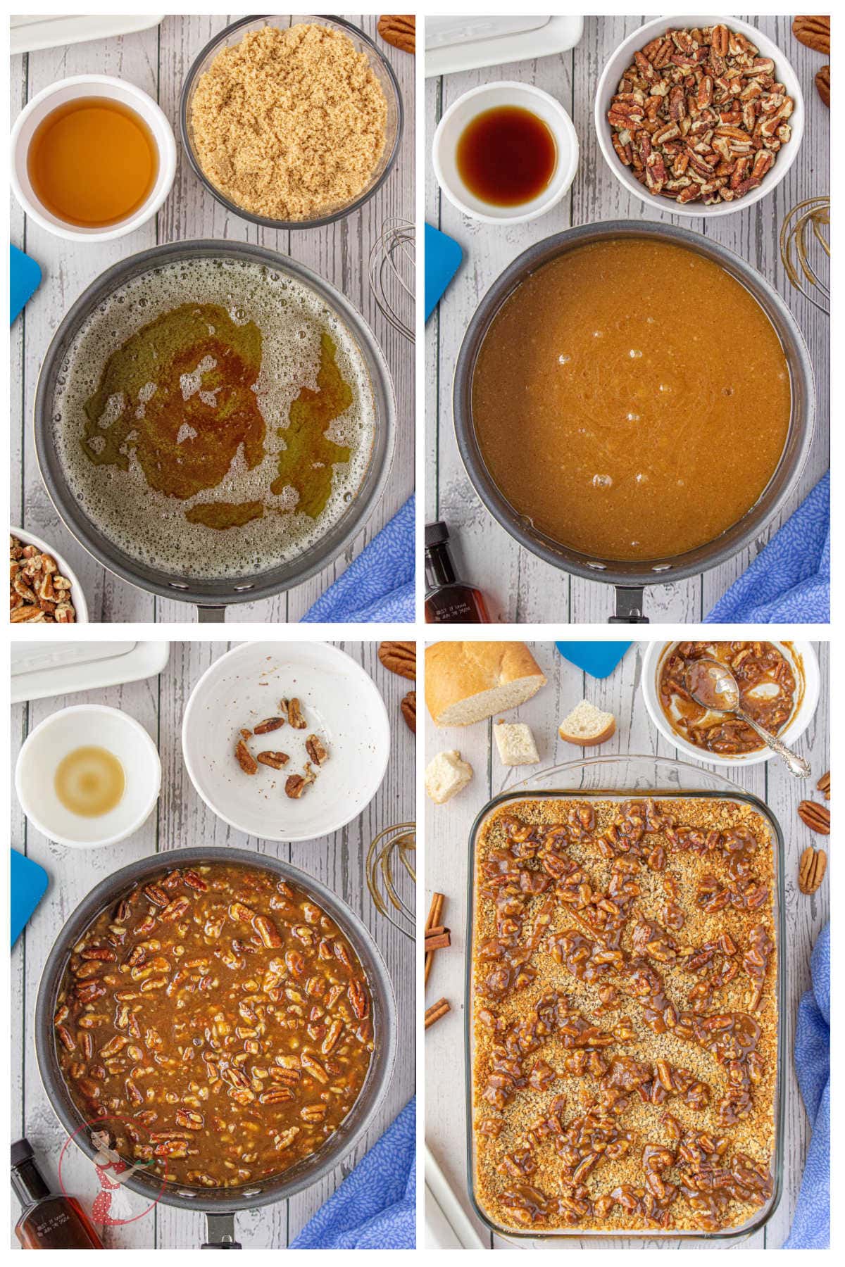 Step by step images showing how to make the praline pecan sauce for the pudding.