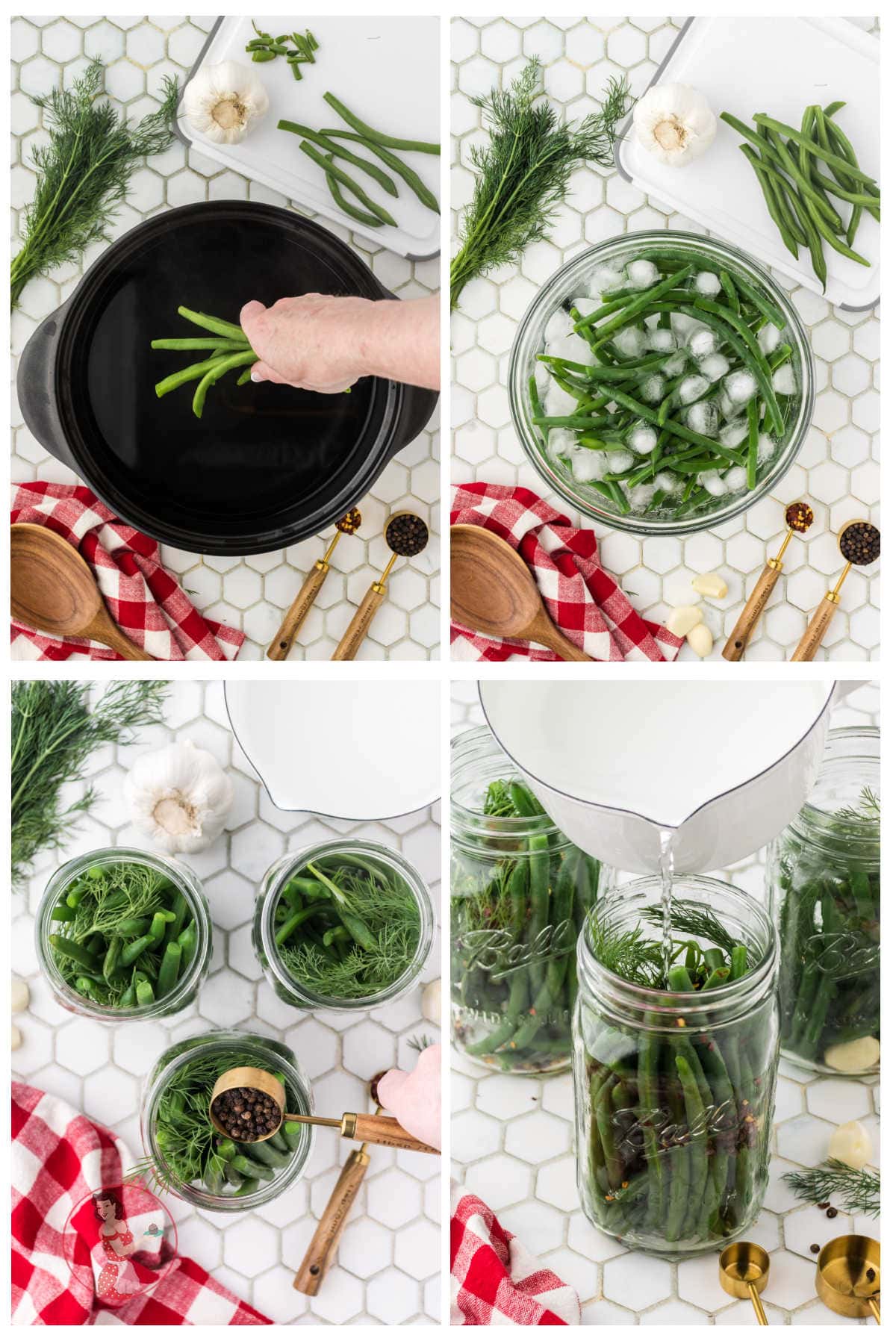 Step by step images showing how to make these green bean pickles in the refrigerator.