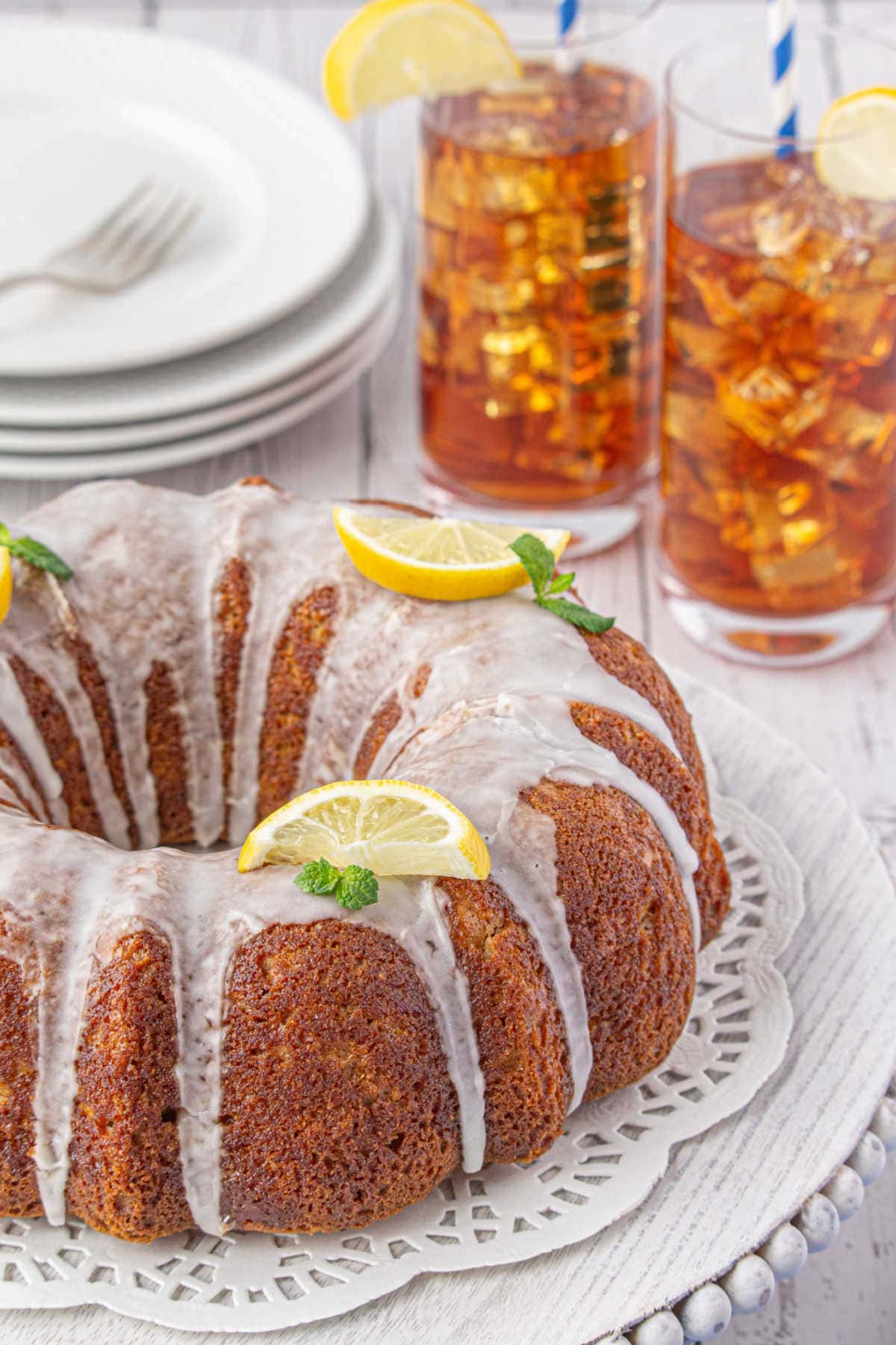 The cake on a table ready to be served.