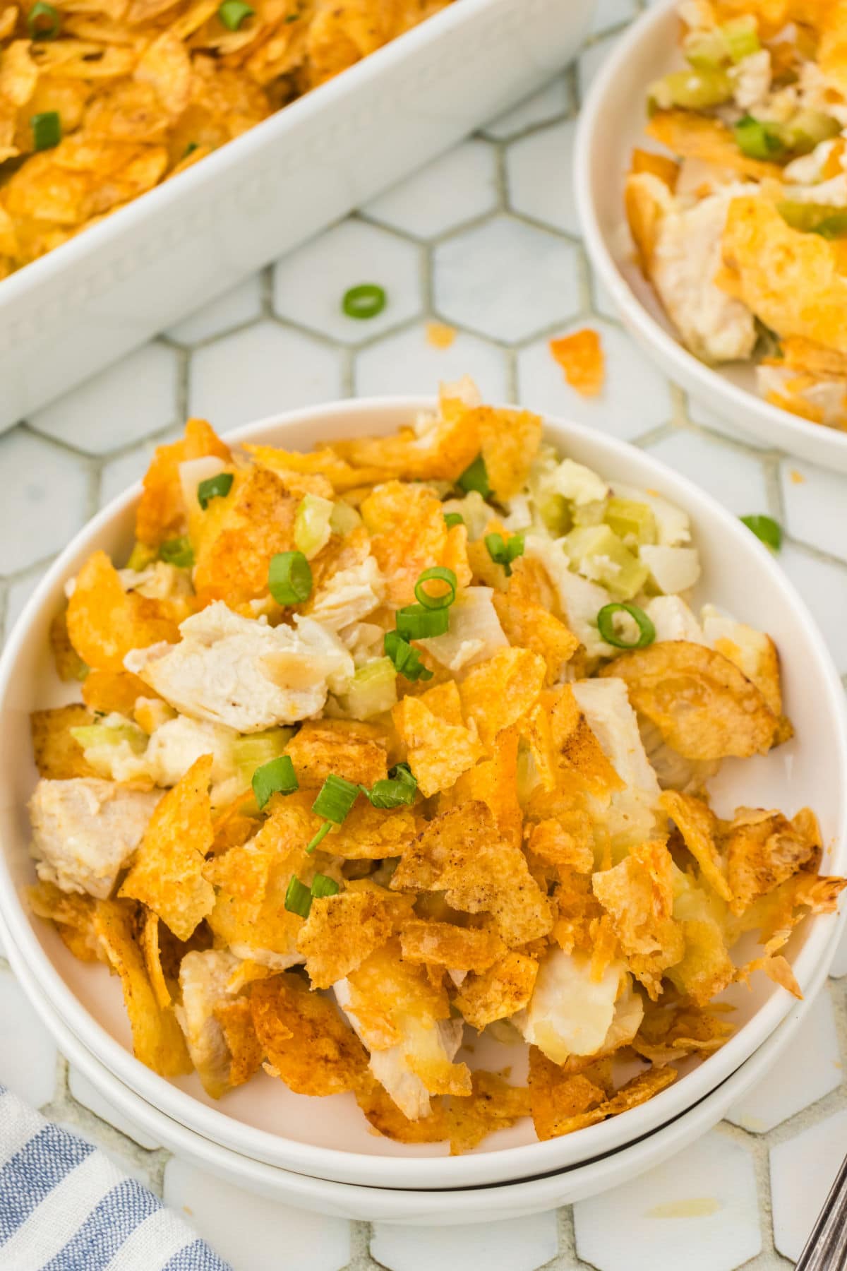 Closeup of a bowl of casserole ready to eat.