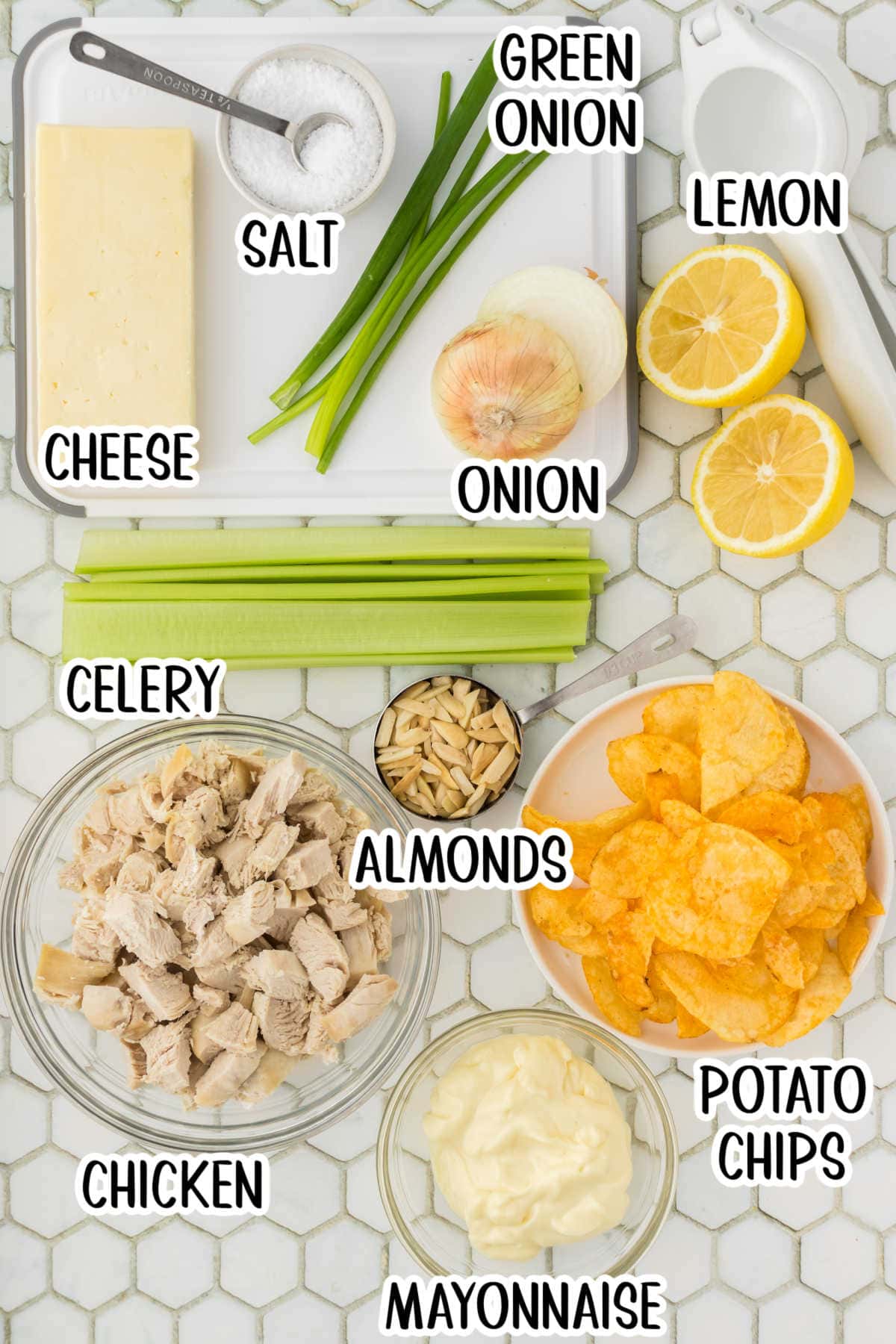 Labeled ingredients for chicken potato chip casserole