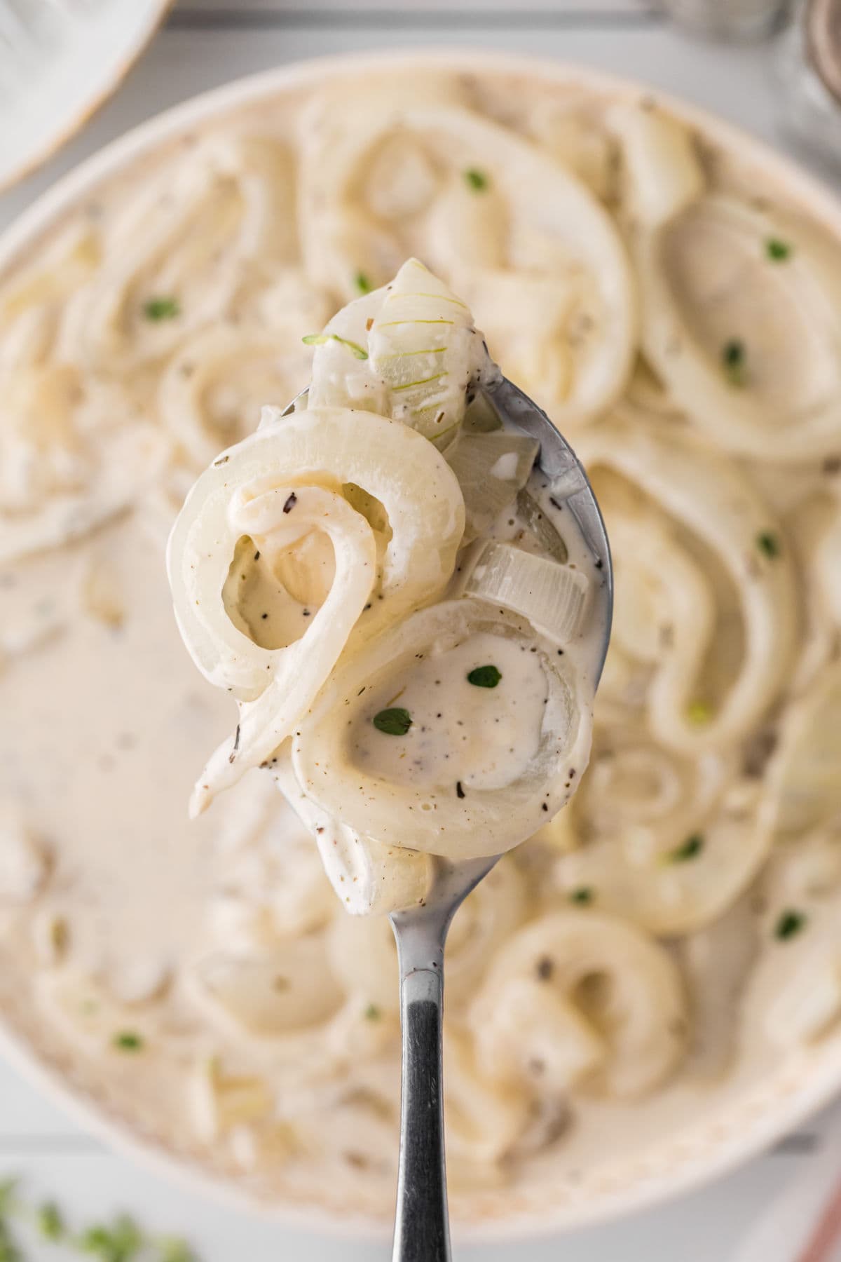 Close-up of creamed onions being served.