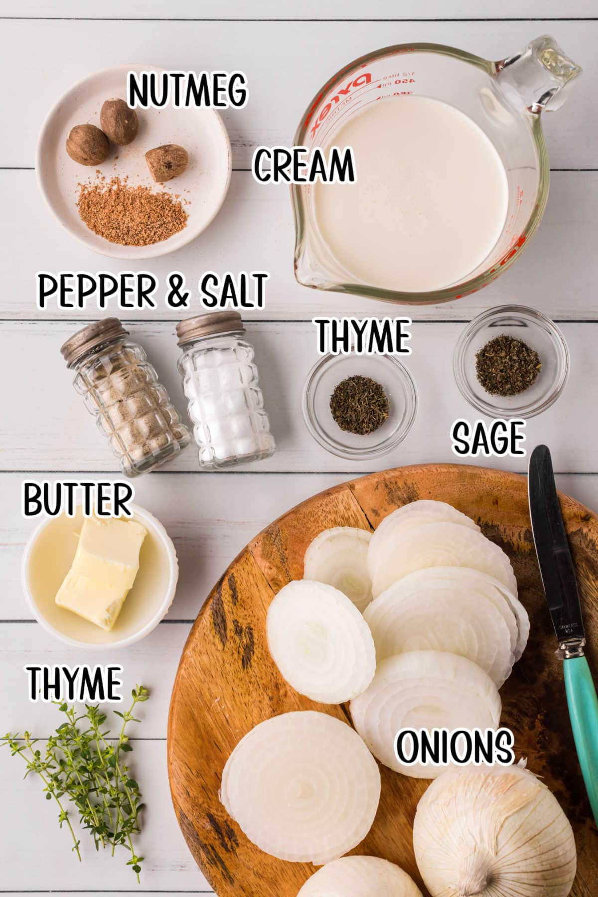 Labeled ingredients for creamed onion recipe.