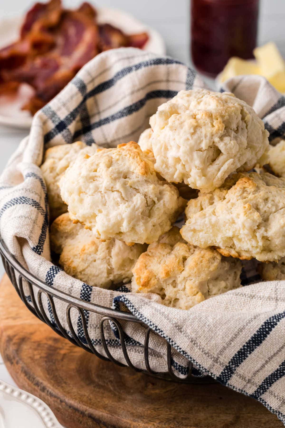 Closeup of the biscuits on the table showing the golden crust.