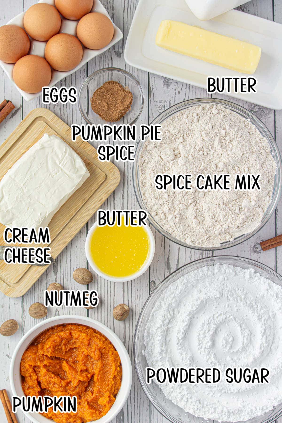 Labeled ingredients for gooey pumpkin butter bars.