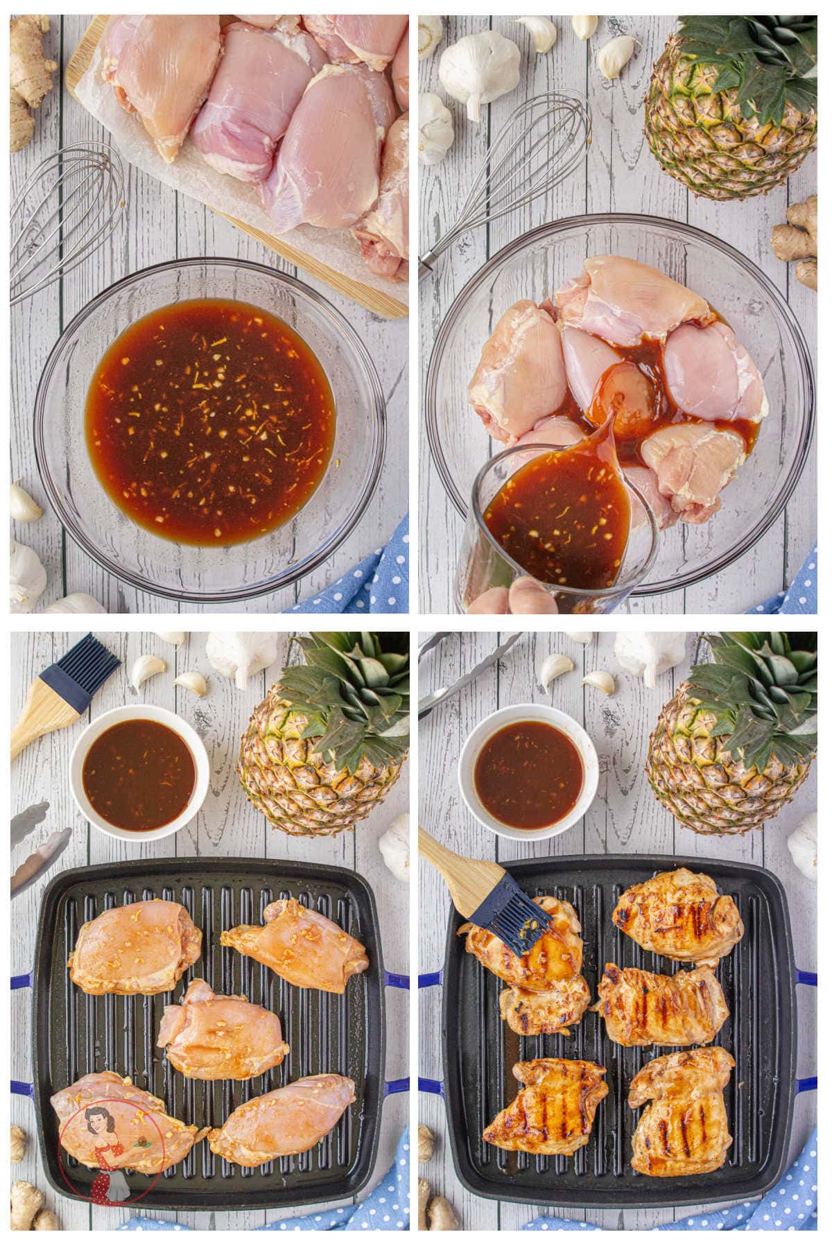 Step by step images showing how to make huli huli chicken.