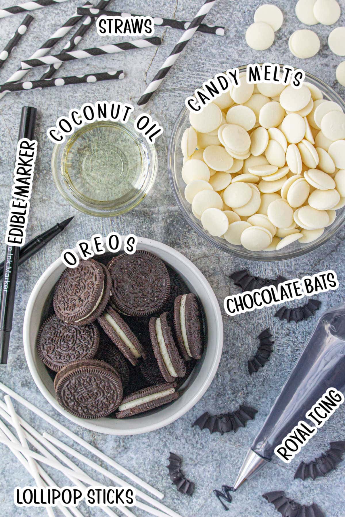Labeled ingredients for Oreo pops.
