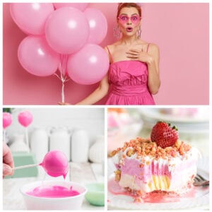 A collage of pink images of food and of a woman holding pink balloons.