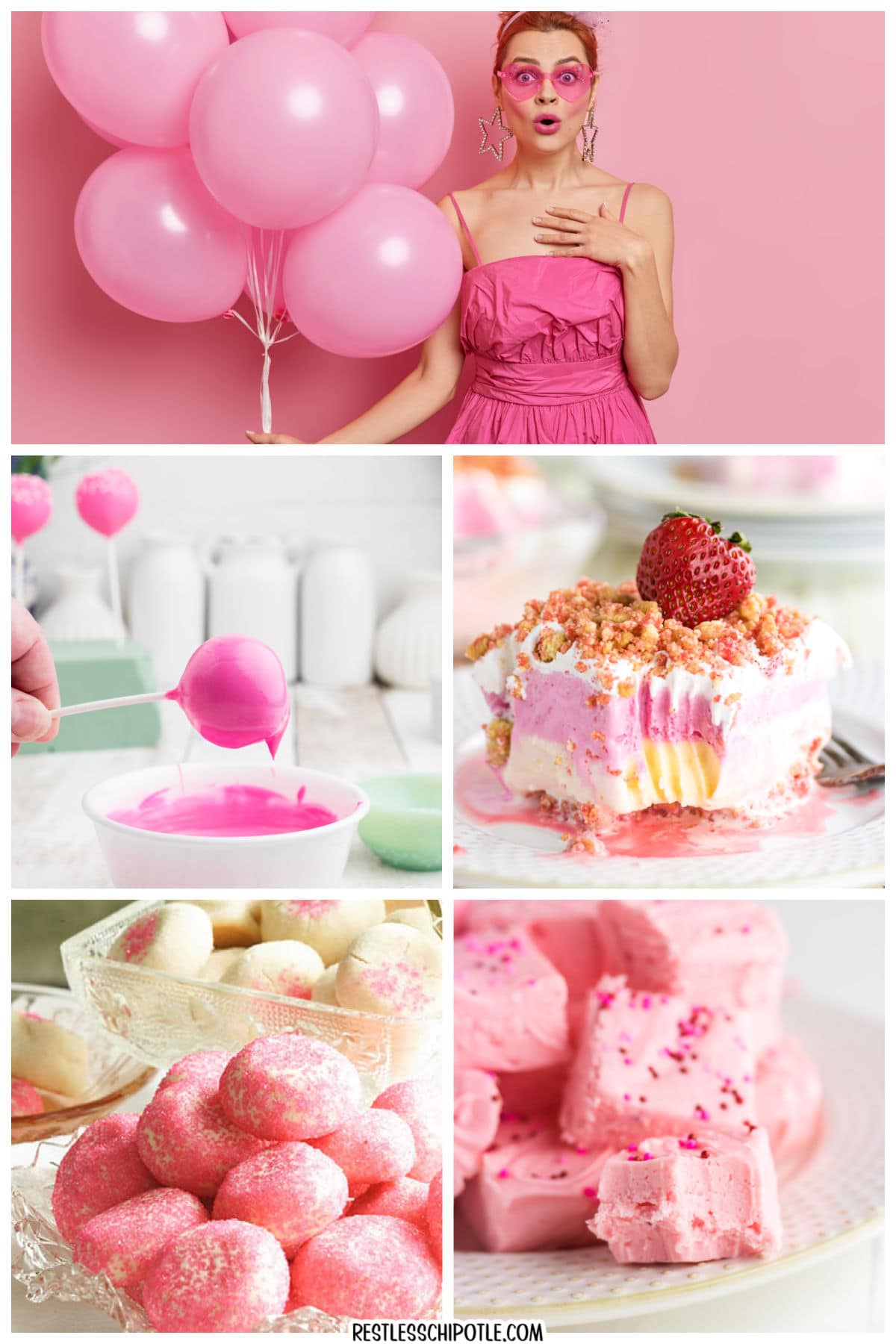 A collage of pink desserts and of a woman holding pink balloons.