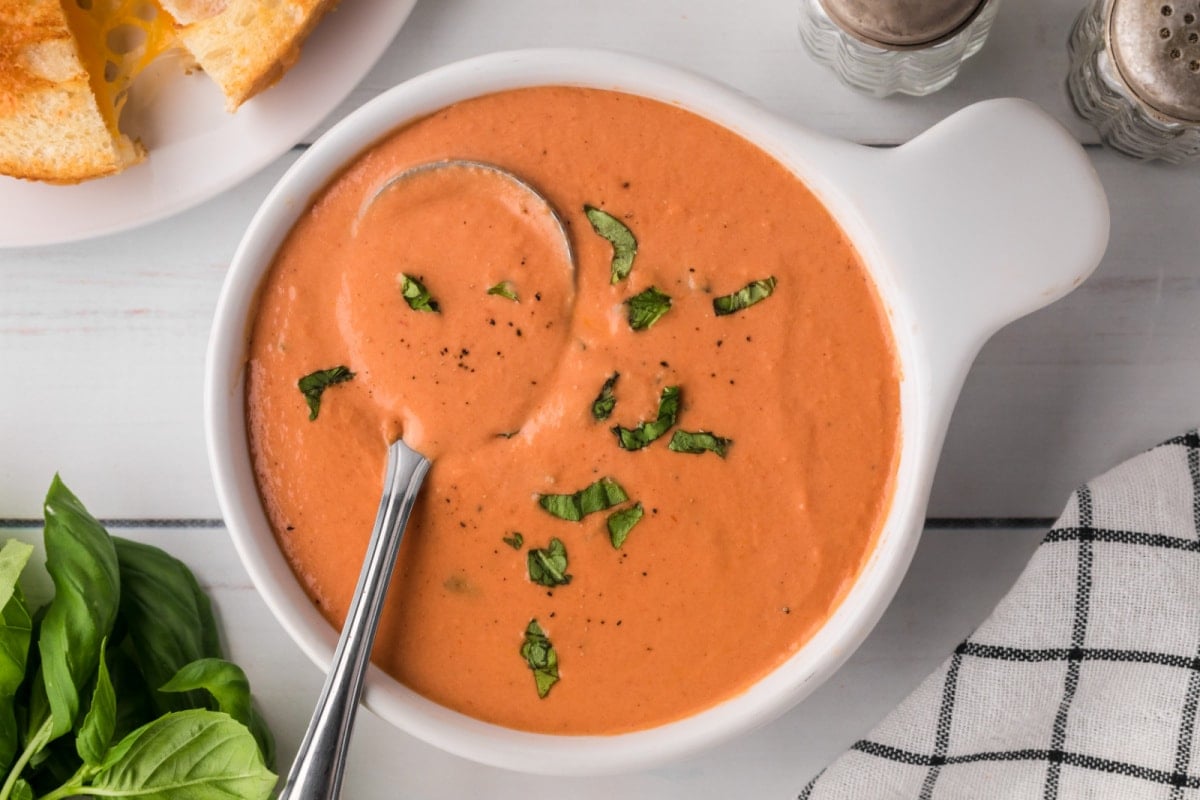 Overhead view of a white bowl of tomato soup with chopped basil garnish.