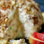 Closeup of a cheese ball with apples and crackers.