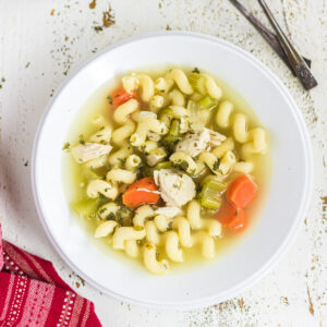 Overhead view of a bowl of chicken noodle soup with carrots in it.