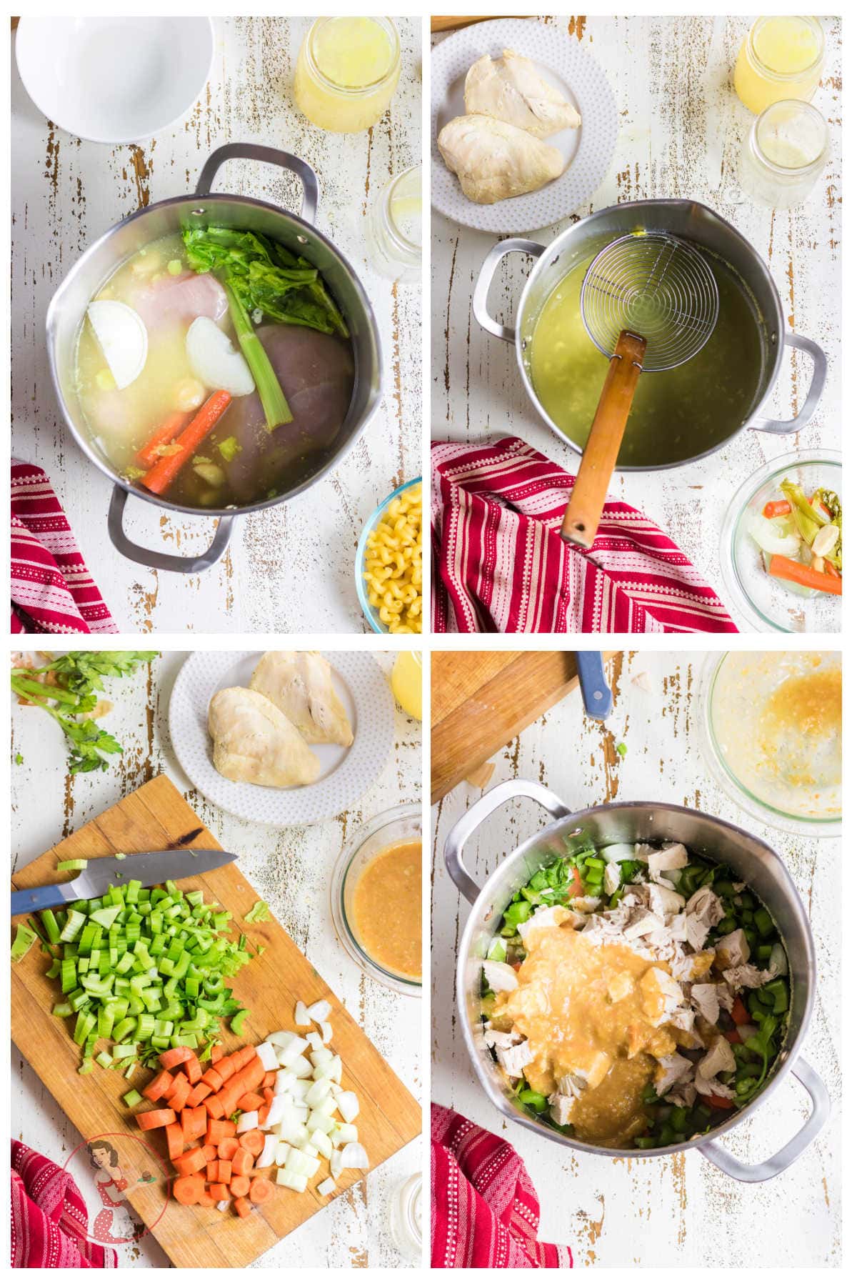 Step by step images showing how to make chicken noodle soup.