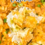 A spoonful of potato chip casserole being lifted from the dish with a text overlay for Pinterest.
