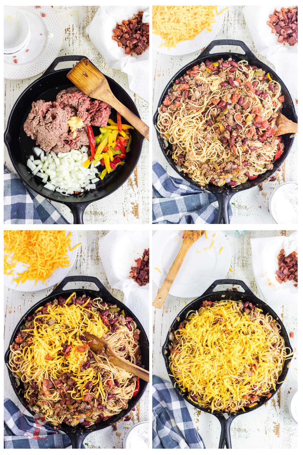 Step by step images showing how to make cowboy spaghetti.