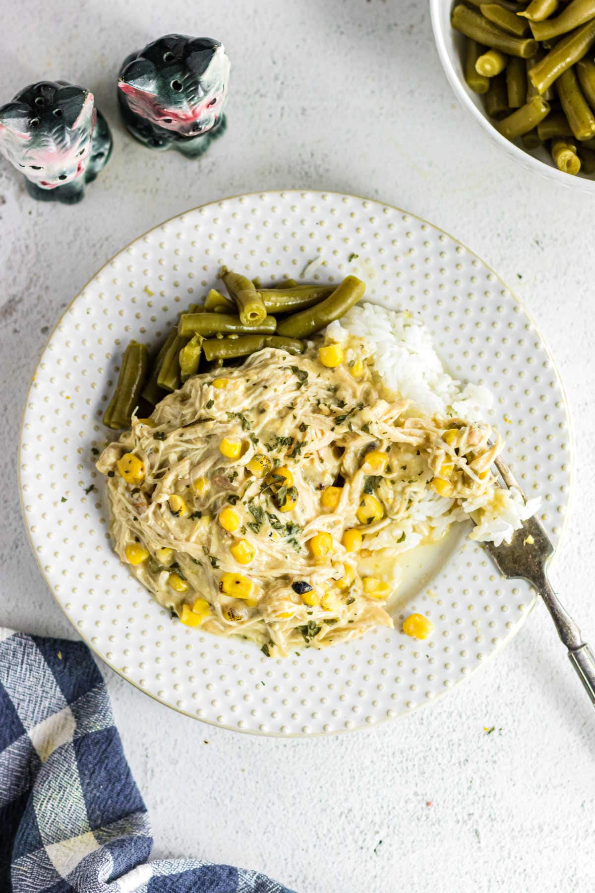 An overhead view of a plateful of chicken and rice.