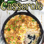 Pinterest image overhead view of hobo casserole with title text overlay.