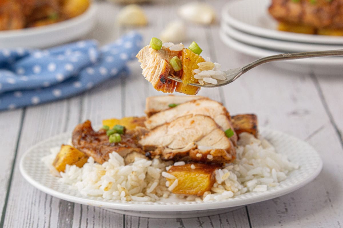 A forkful of chicken being raised from a bed of rice on a plate.