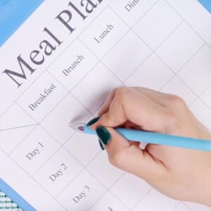 A hand writing filling out a meal plan.