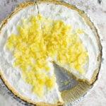 Overhead view of cream cheese pineapple pie for recipe card.