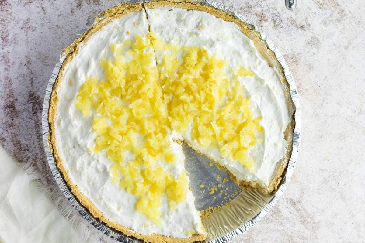 Overhead view of cream cheese pineapple pie for recipe card.