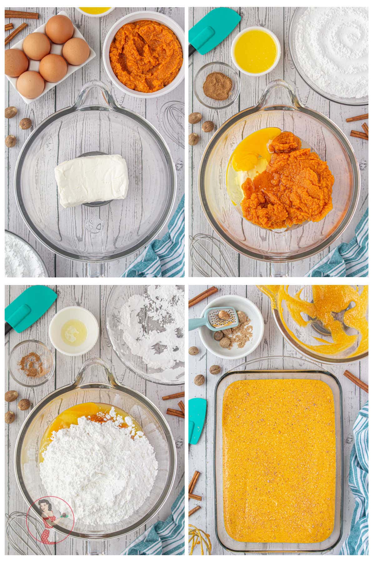 Step by step images showing how to make the topping for gooey pumpkin bars.