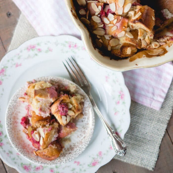 Overhead view of a breakfast strata on a plate.