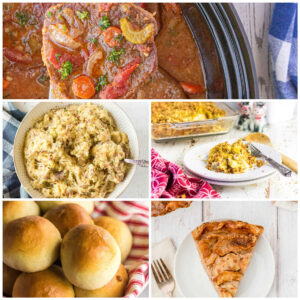 Collage of images of side dishes for swiss steak.