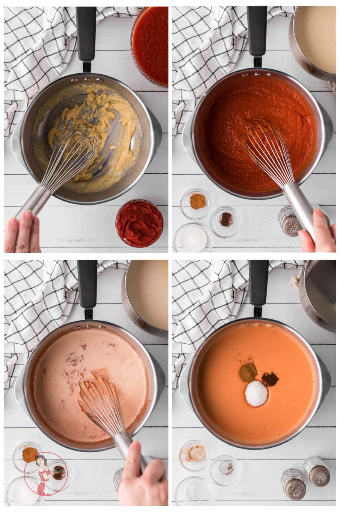 Step by step images showing how to make tomato soup.