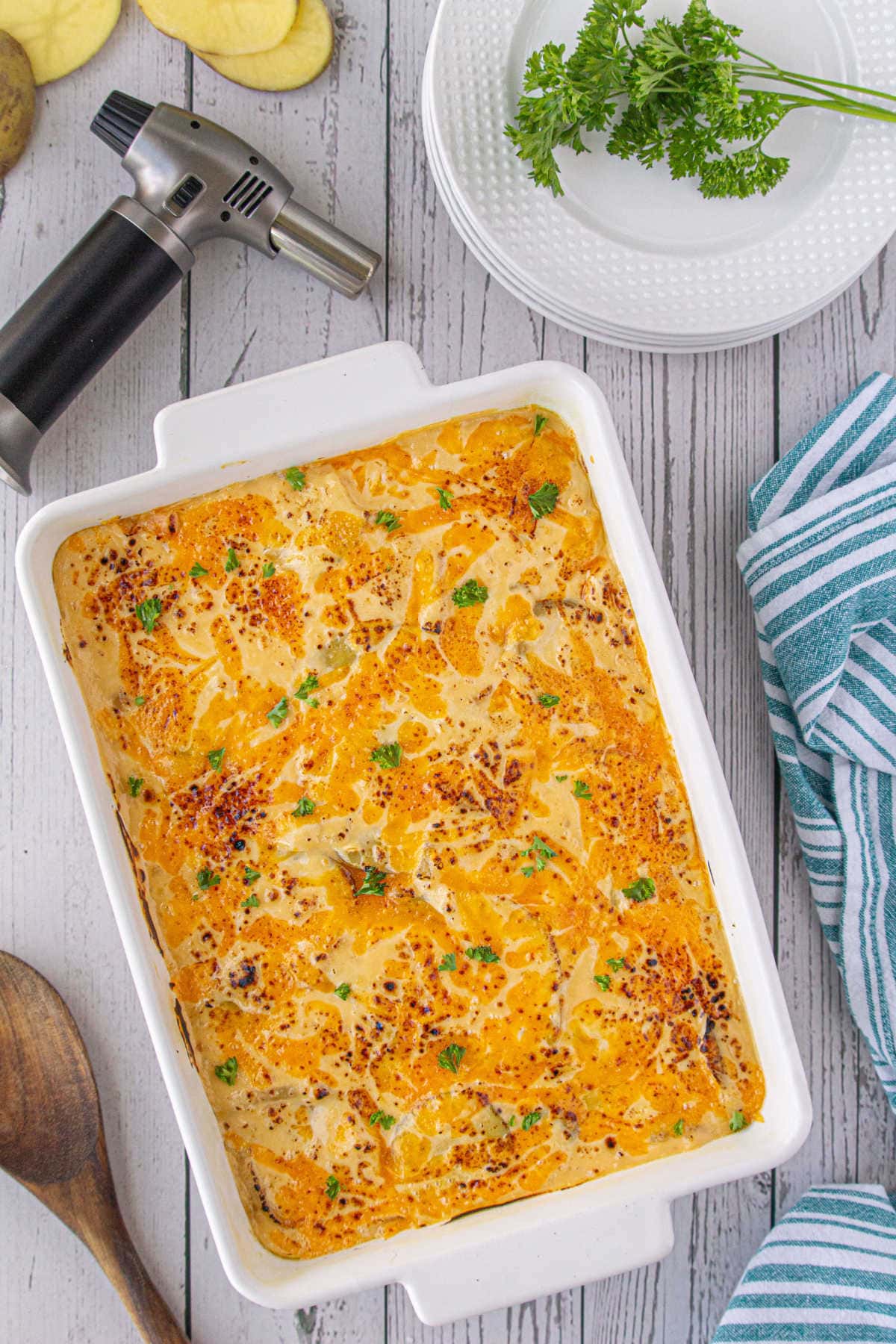 Overhead view of the finished au gratin potatoes.