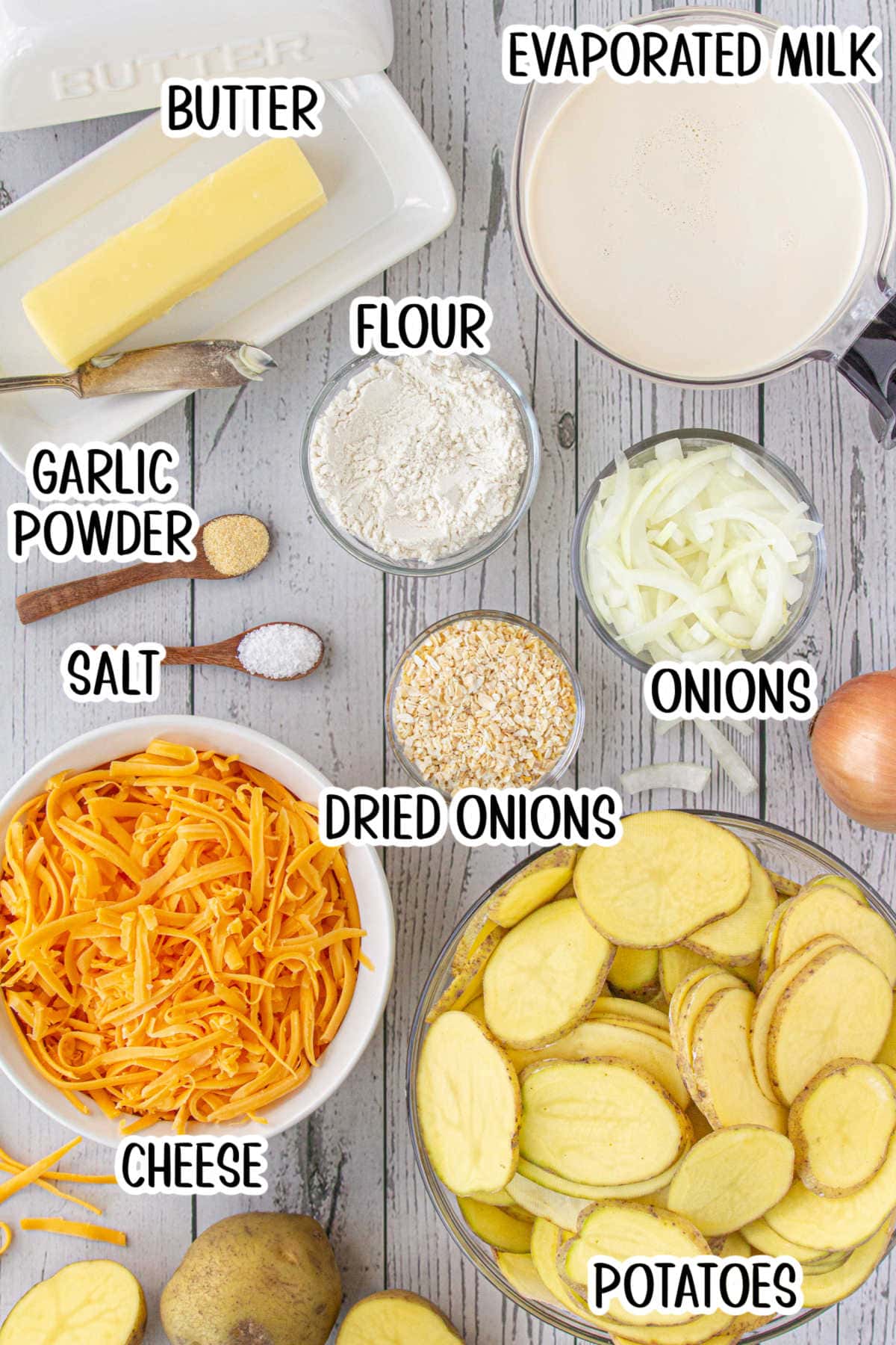 Labeled ingredients for au gratin potatoes.