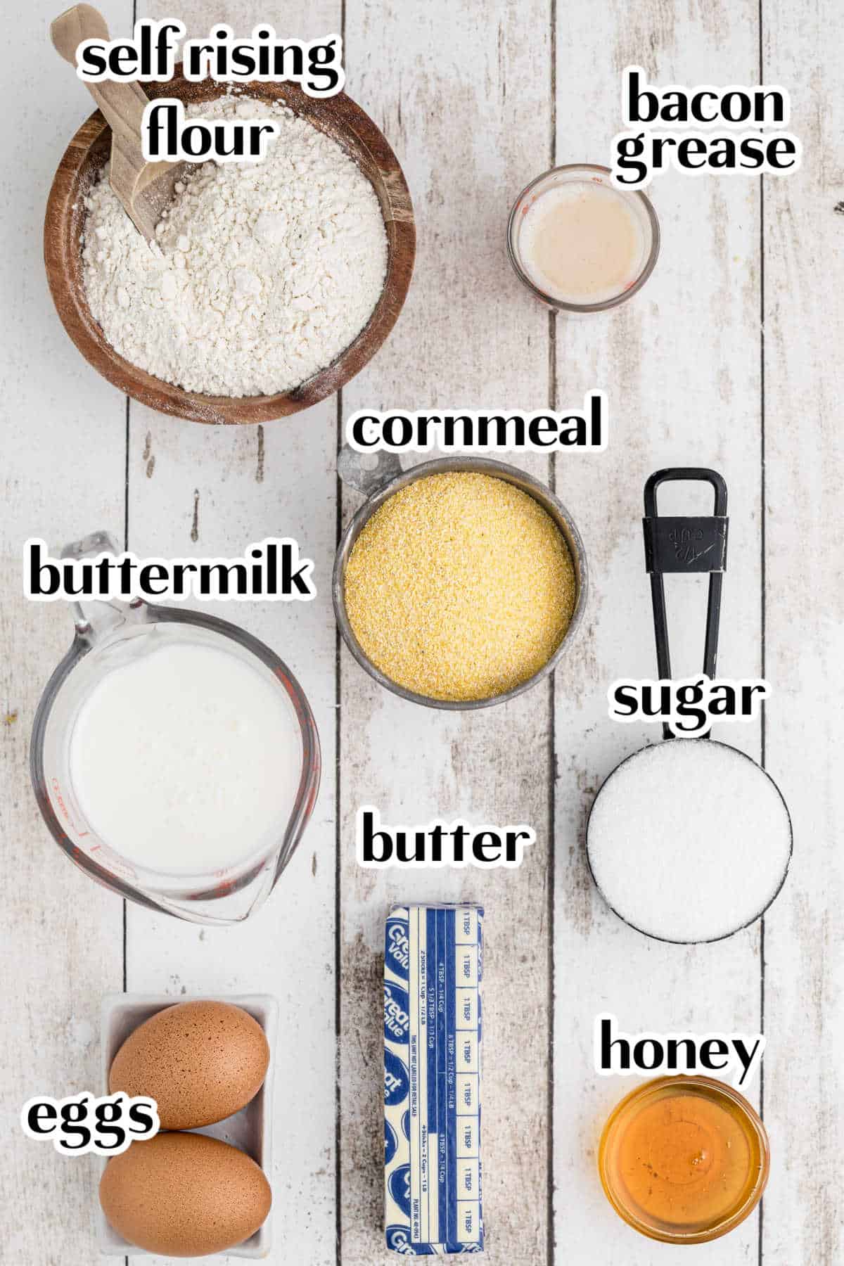 Labeled ingredients for these cornmeal muffins.