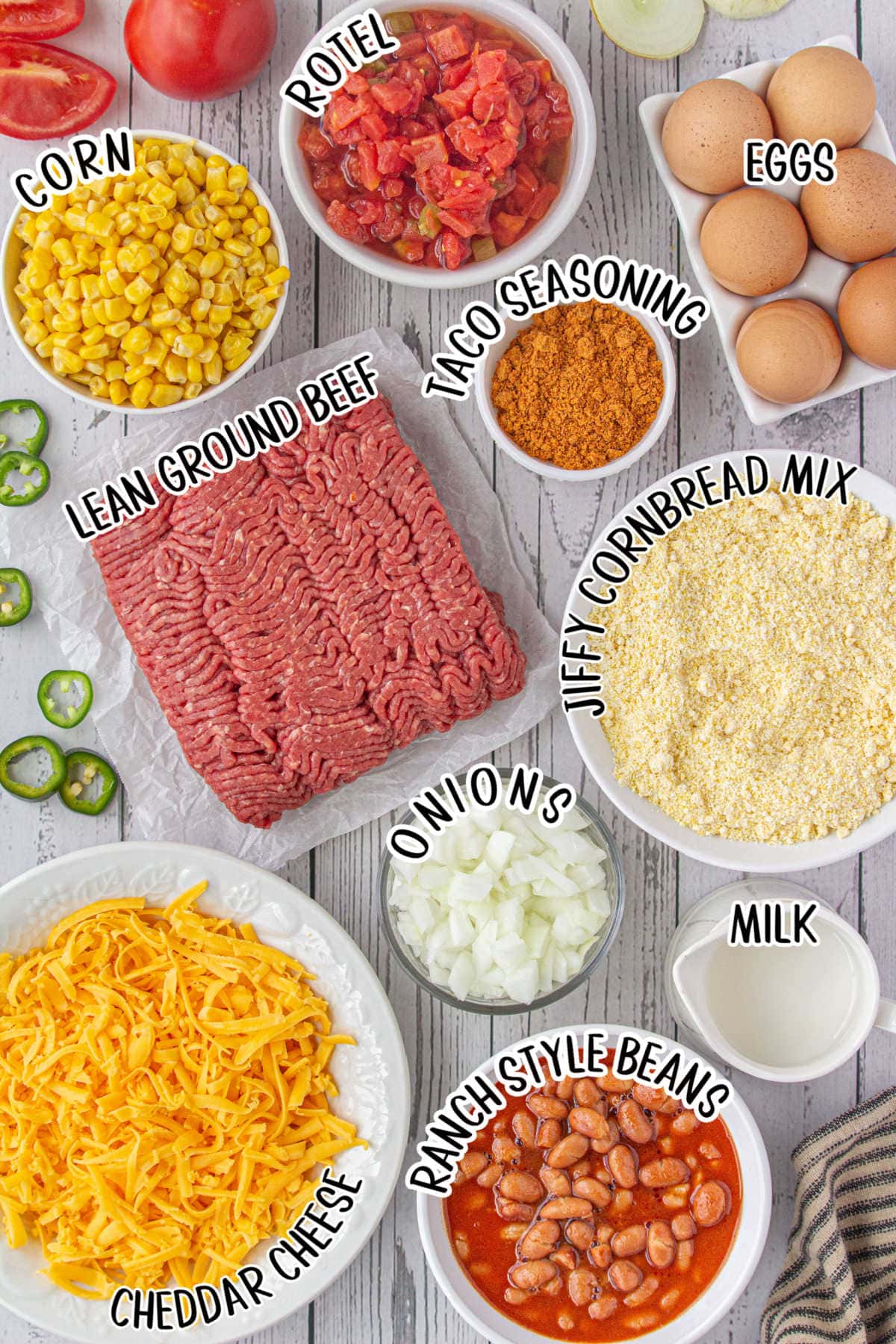 Labeled ingredients for cowboy cornbread casserole.