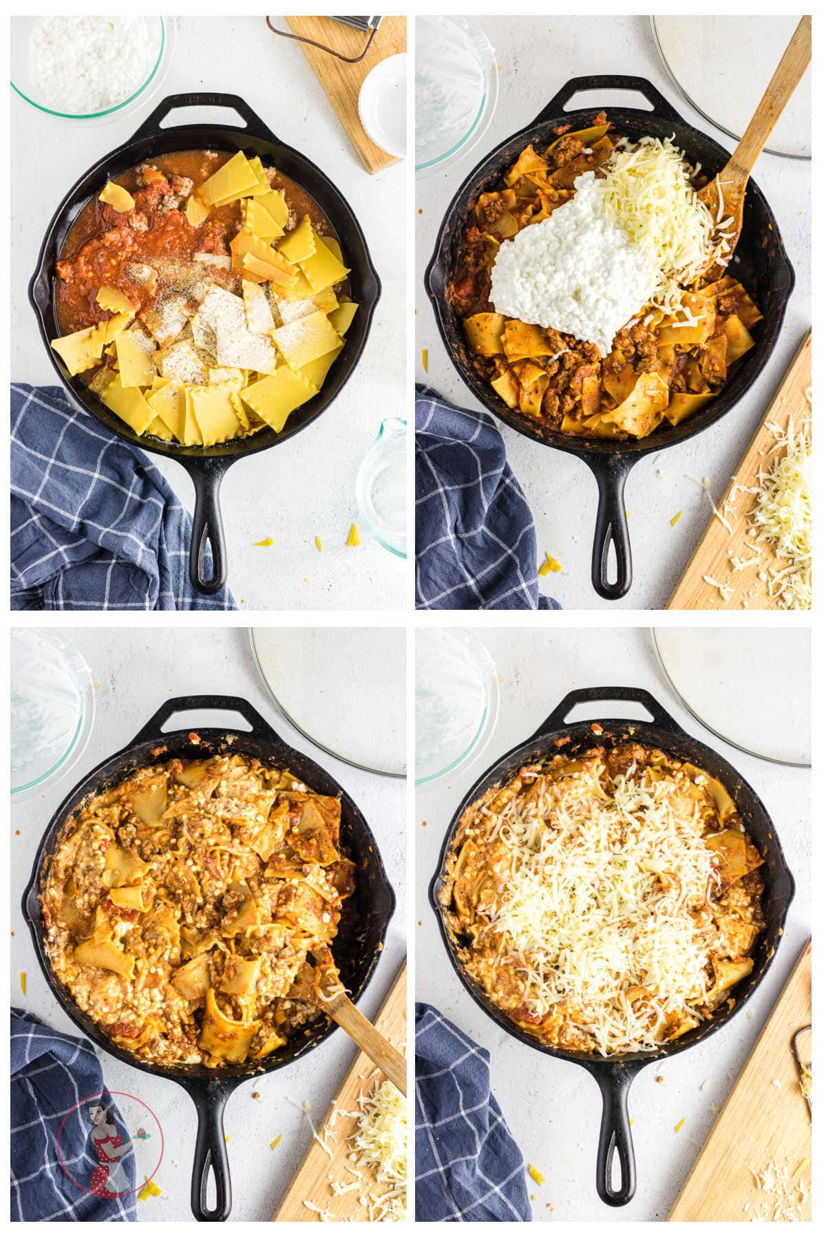 Step by step images showing how to make skillet lasagna.