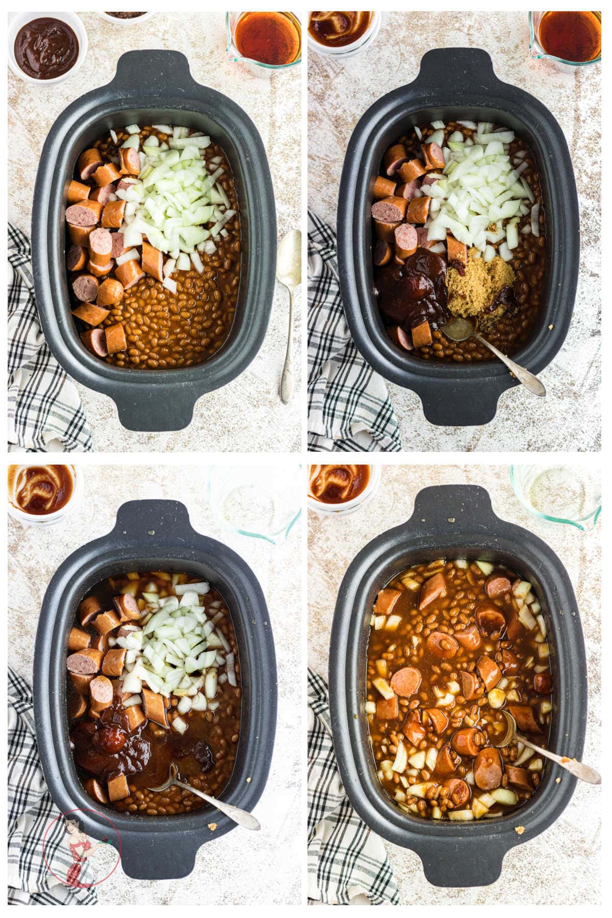 Step by step images showing how to make baked beans and kielbasa in the slow cooker.