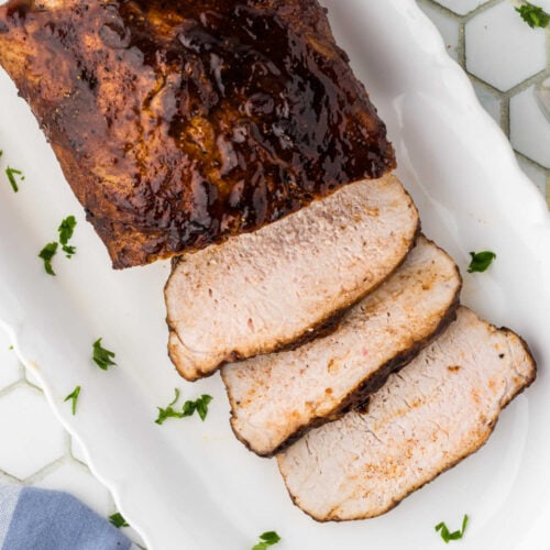 Overhead view of the pork loin being served.